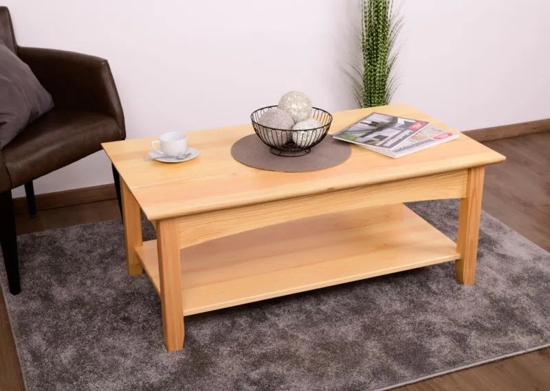 Solid Pine Wood Coffee Table | Natural Finish | Turakos 122 | 110 x 45 x 60 cm | Storage Shelf