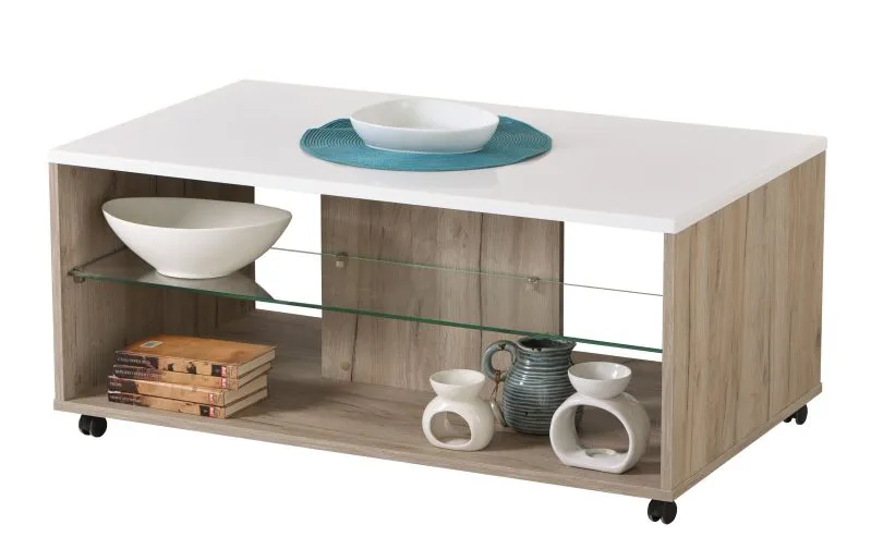 Coffee Table on Castors Sopot 01 | Oak Grey & White High Gloss | Glass Shelf | 45 x 101 x 60 cm | Modern Design
