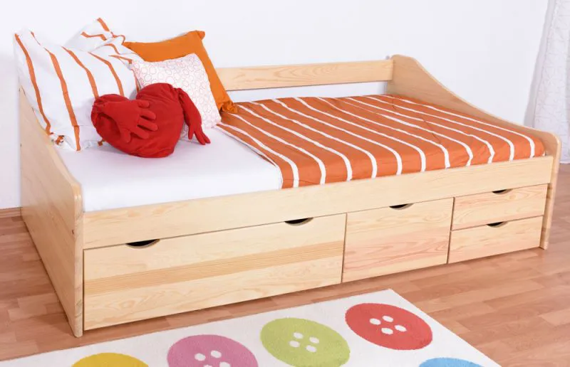 Youth Bed & Functional Bed | Solid Pine Wood | Natural Finish | 200 x 90 cm | Includes Slatted Frame