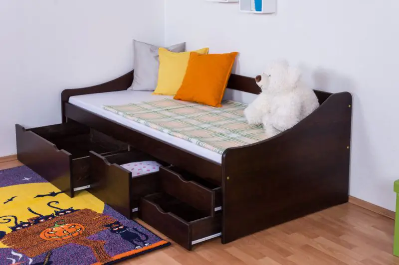 Single bed/functional bed Pine solid wood walnut color 94, incl. slat grate - 90 x 200 cm (w x l)