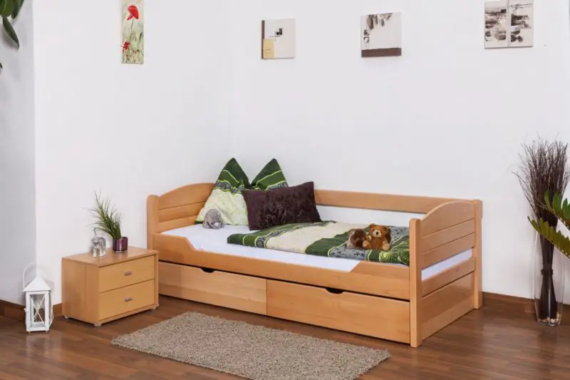 Single bed "Easy Premium Line" K1/s Full, incl. 2 drawers and cover plates, beech wood, solid, clearly varnished - 90 x 200 cm