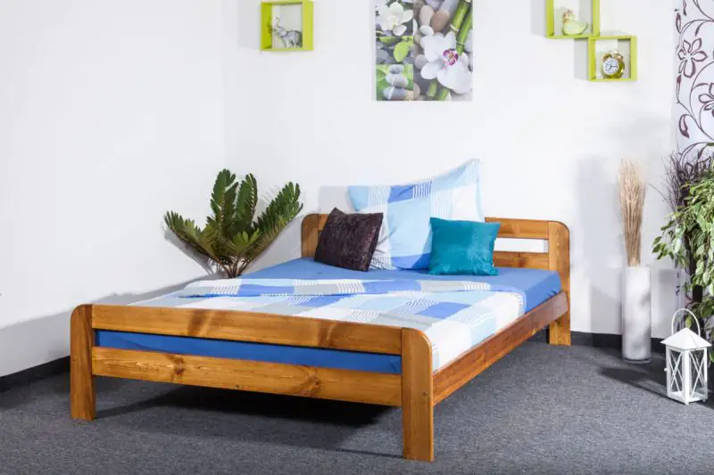 Youth bed solid pine wood oak colored A6, including slatted frame - Measurements 160 x 200 cm