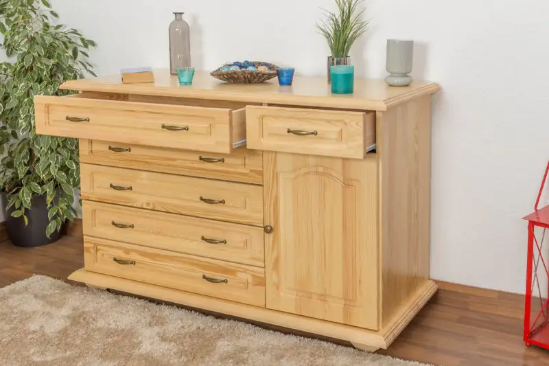 Sideboard Pipilo 12, 6 drawer, 1 door, solid pine wood, clearly varnished - H88 x W139 x D54 cm
