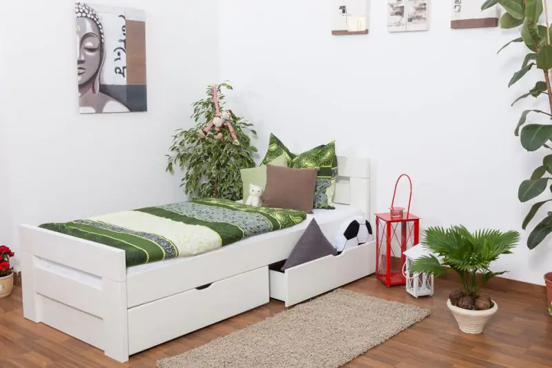 Single bed / Guest bed K2 "Easy Premium Line" incl. 2 drawer and 2 cover plates, solid beech wood, white - 90 x 200 cm