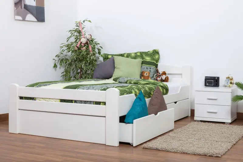 Single bed "Easy Premium Line" K4 incl. 2 underbed drawer and 1 cover plate, solid beech wood, white - 120 x 200 cm
