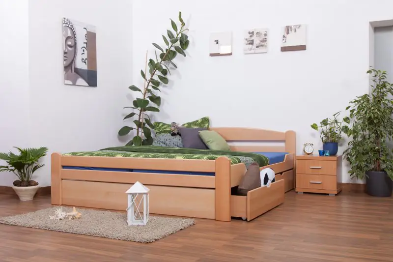 Double bed "Easy Premium Line" K4 incl. 2 drawers and 1 cover plate, solid beech wood, clearly varnished - 180 x 200 cm