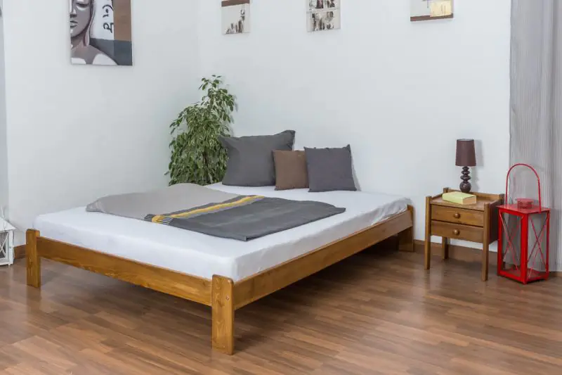 Double bed/guest bed pine solid wood oak colored A10, including slatted grate - Dimensions 160 x 200 cm