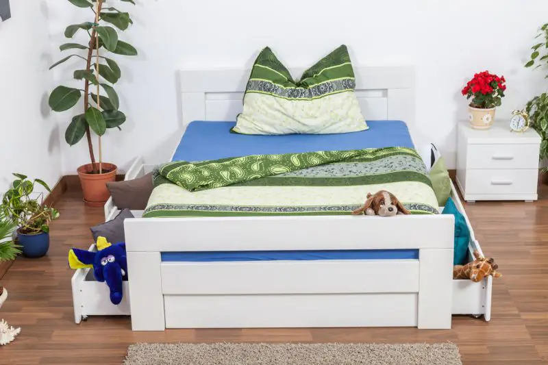 Single bed / Storage bed "Easy Premium Line" K6 incl. 4 drawers and 2 cover plates, solid beech wood, white - 140 x 200 cm 