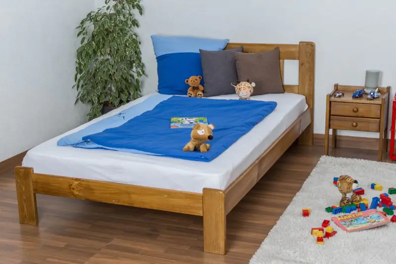 Children's bed / Youth bed solid pine wood oak colored A21, includes slatted frame- Dimensions 120 x 200 cm 