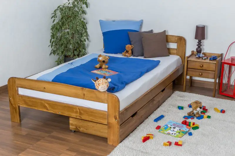 Children's bed / Youth bed solid pine wood oak colored A6, includes slatted frame - Dimensions 120 x 200 cm