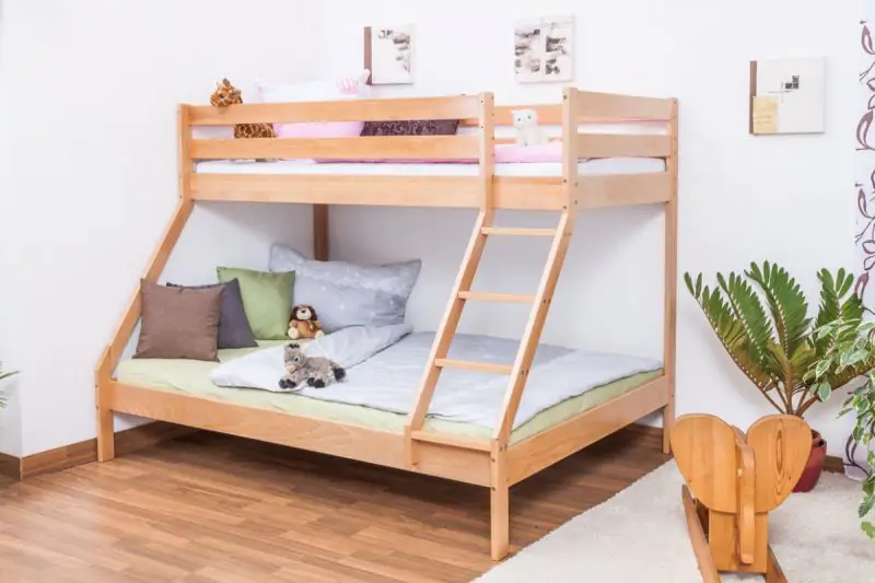 Triple Sleeper Lukas with angled ladder, solid beech wood, clearly varnished, incl. slatted frames - 90/140 x 200 cm 