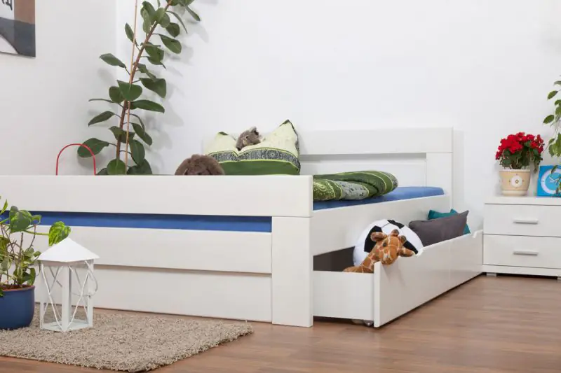 Double bed / Storage bed "Easy Premium Line" K6 incl. 2 drawers and 1 cover plate, solid beech wood, white - 160 x 200 cm 