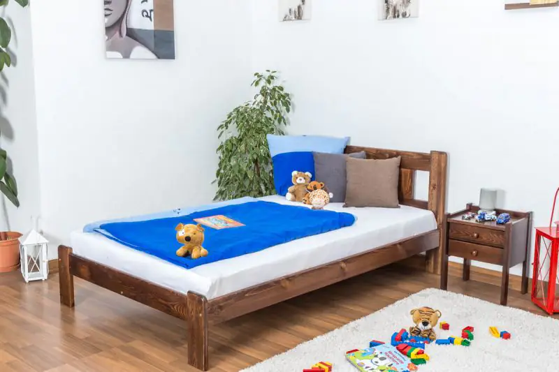 Children's bed / Youth bed solid pine wood nut brown A21, includes slatted frame- Dimensions 120 x 200 cm 