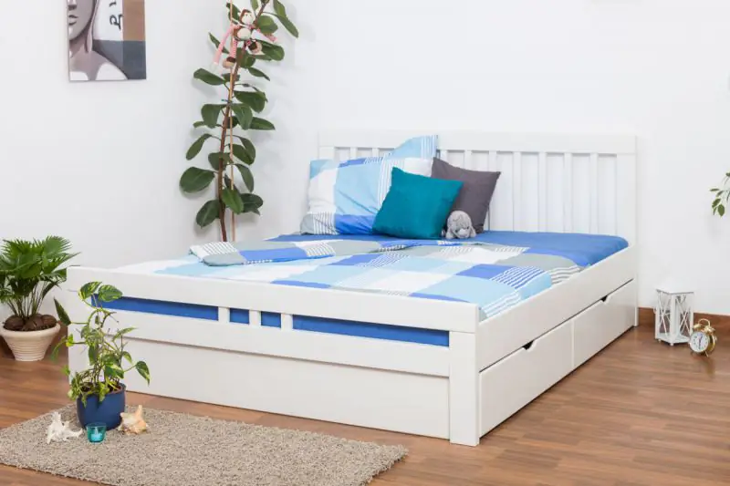 Youth bed K8 "Easy Premium Line" incl. 2 underbed drawer and cover plate, solid beech wood, white - 180 x 200 cm