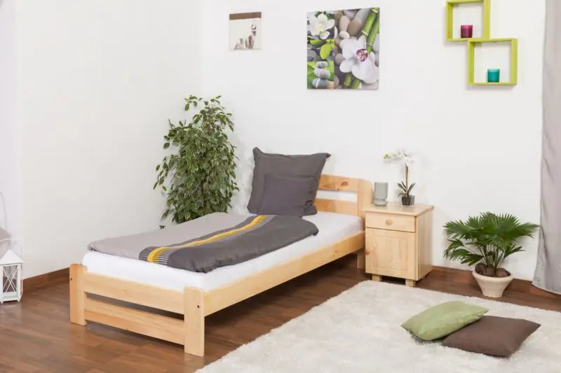 Single bed / Guest bed A7, solid pine wood, clearly varnished, incl. slatted frame - 90 x 200 cm 
