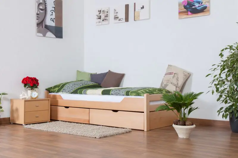 Single bed / Storage bed K1/1n "Easy Premium Line" incl. 2 drawer and cover plates, clearly varnished - 90 x 200 cm 
