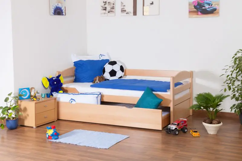 Children's bed / kid bed "Easy Premium Line" K1/h/s incl. 2nd kid bed and 2 cover panels, 90 x 200 cm solid beech wood nature