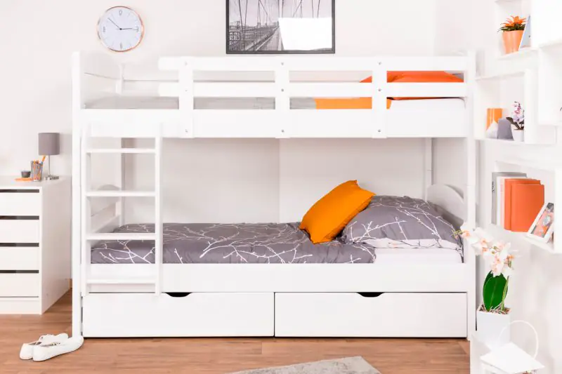 Bunk bed for adults "Easy Premium Line" K21/n incl. 2 drawers and 2 cover panels, head and footboard rounded, solid beech wood, white - 90 x 200 cm (w x l), divisible