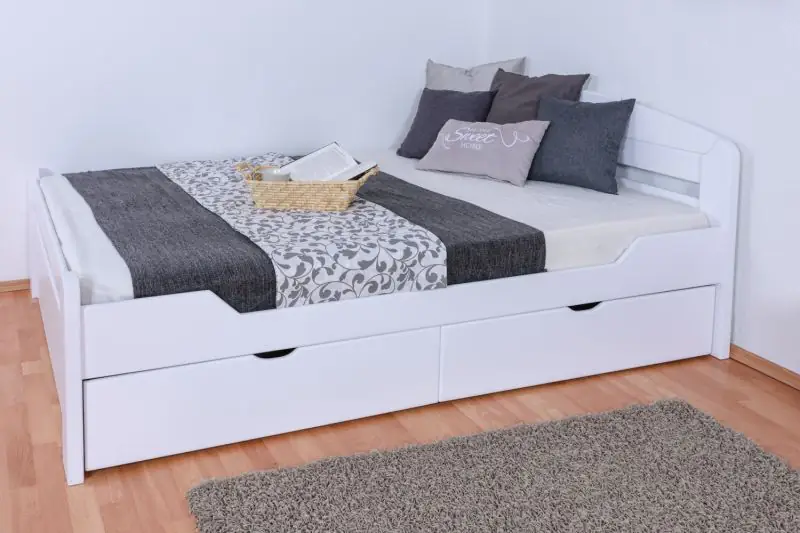 Single / Guest bed ' Easy Premium Line ® ' K5,  with 2 drawers and 2 cover panels, 140 x 200 cm Beech solid wood white lacquered, incl. slats