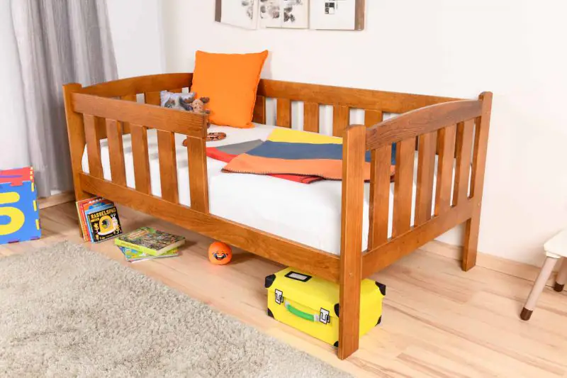 Children bed / Junior bed solid pine wood, Oak colour 96, incl. slatted frame - 90 x 160 cm (W x L)