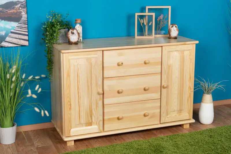 Sideboard 045, 3 drawer, 2 door, solid pine wood, clearly varnished - 78H x 118W x 47D cm 