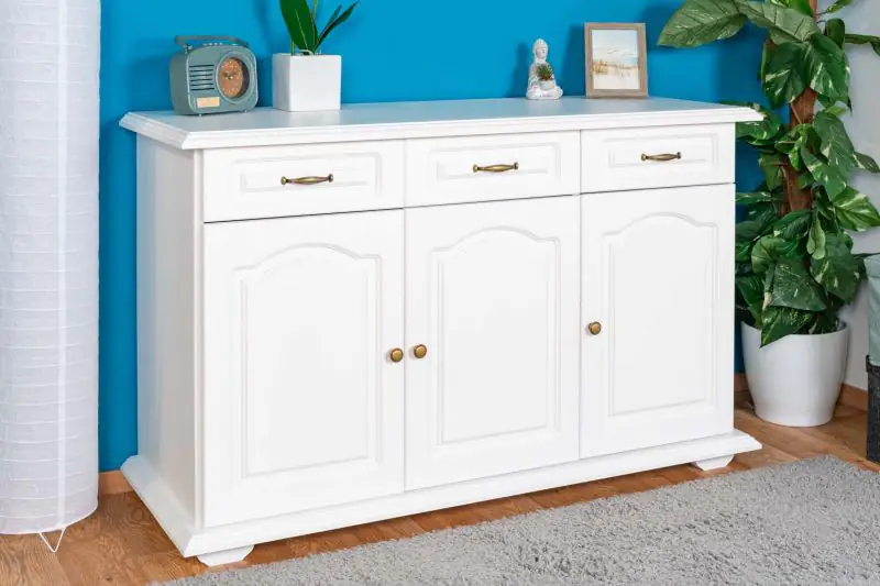 3 Drawer, 3 Door Sideboard Pipilo 14, solid pine wood, white varnished - H88 x W139 x D54 cm