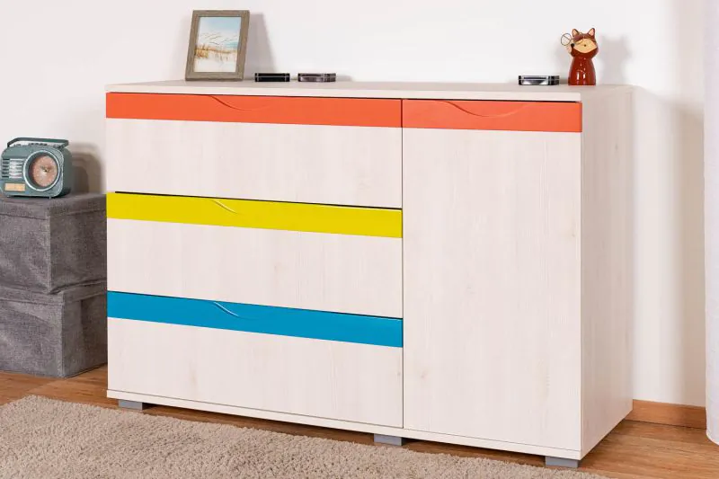 Children's room dresser Peter 03, Colour: pine white/orange/yellow/turquoise - Dimensions: 84 x 126 x 44 cm (H x W x D)