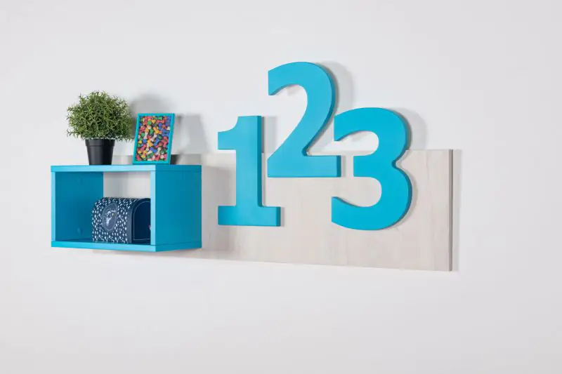 Children's room - Suspended rack / Wall shelf Luis 02, Colour: Oak White / Blue - 54 x 120 x 22 cm (h x w x d)