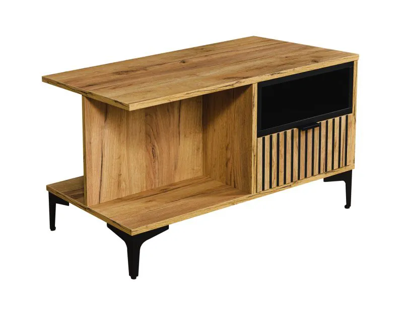 Coffee Table with Drawer Calmuco 04 | Oak Craft Gold & Black | Metal Legs | 51.5 x 90 x 50 cm | 4 Compartments