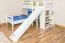 L-Shaped Bunk bed Phillip, solid beech wood, with slide and shelf, white painted, incl. slatted frame - 90 x 200 cm
