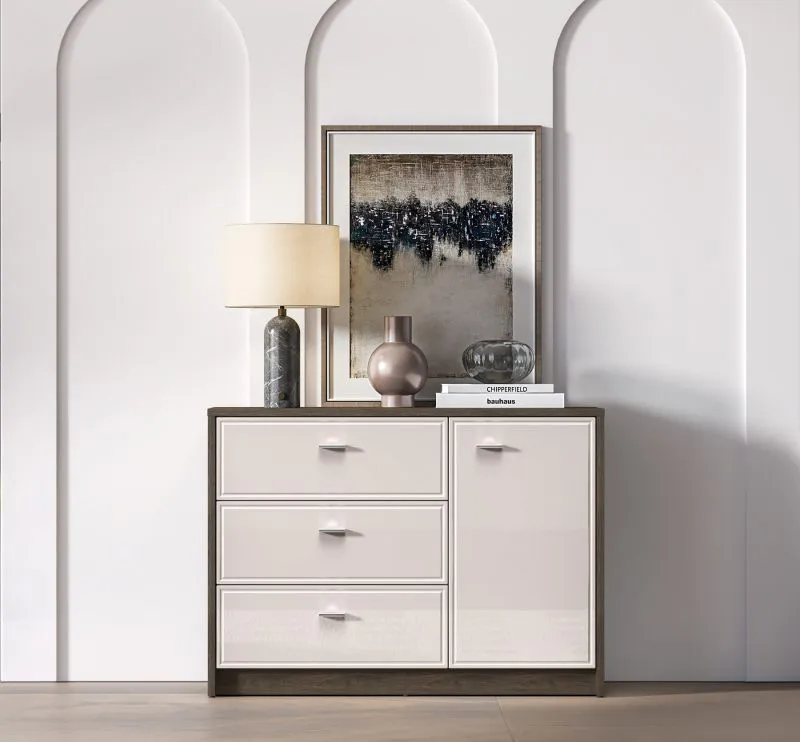 Mackenzie 05 Chest of Drawers / Sideboard | Color: Dunin Oak / High-Gloss Cashmere | Dimensions: 117 x 40 x 85 cm | Handles: Metal | 1 door | 3 drawers | Soft-close