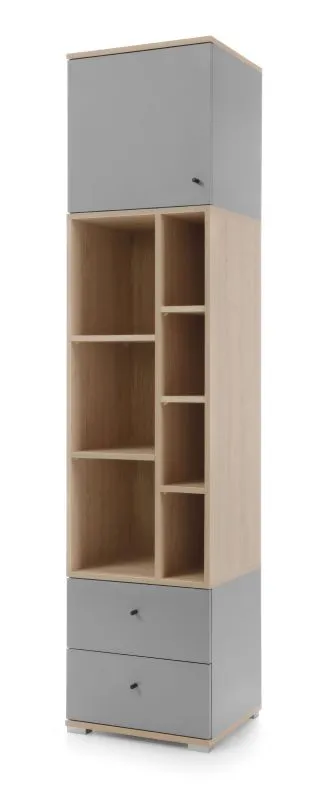 Cabinet, shelf unit with 7 open compartments, youth room cabinet, 195 x 45 x 40 cm, oak / gray, 1 door and 2 drawers, ABS edges