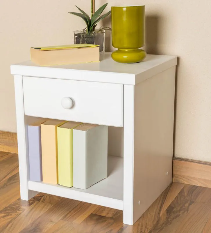 Nightstand Solid Pine White Lacquered Junco 127 | 1 Drawer & Compartment | 44 x 40 x 35 cm