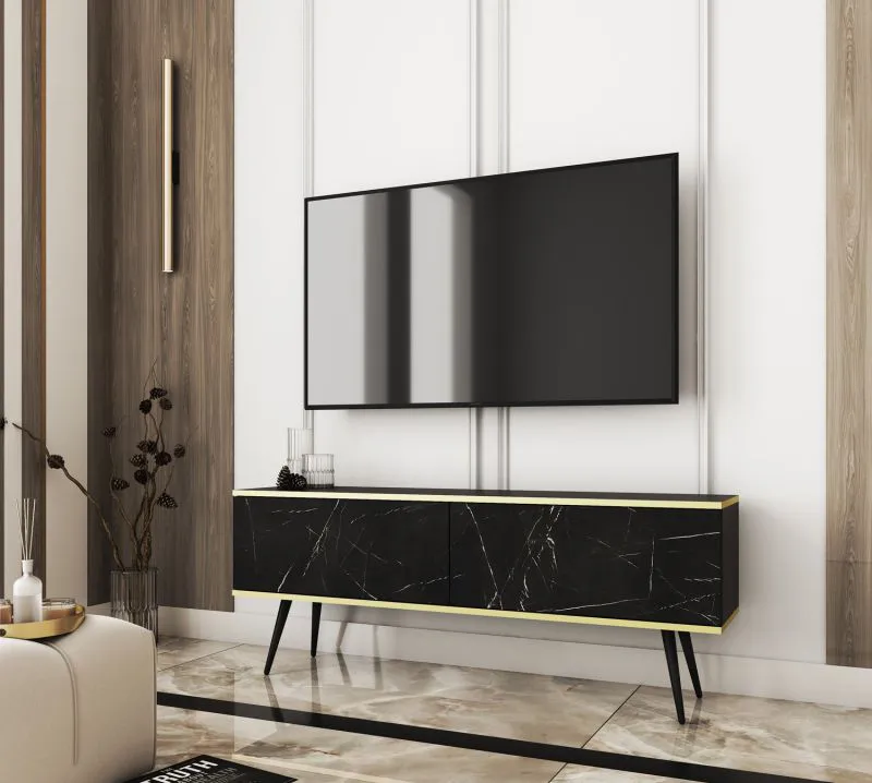 TV Cabinet Horsham 28 | Black Marble Finish | Push-to-Open | Wall-Mountable | Two Tilt Compartments | ABS Edge Protection