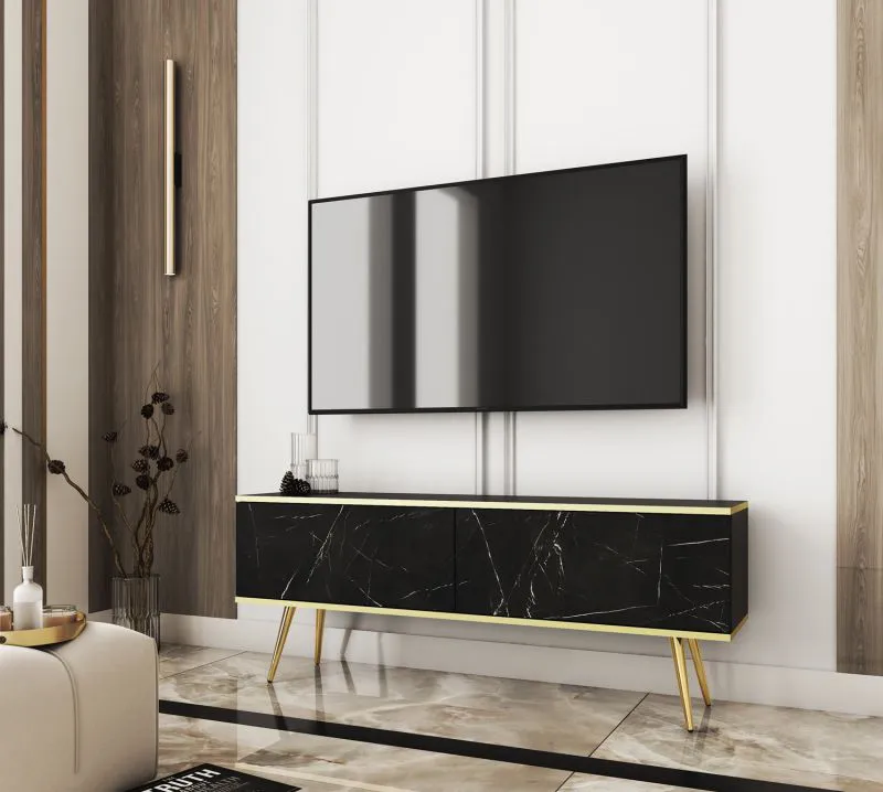 Modern TV Base Unit Horsham 46 | Black Marble Finish | Push-to-Open | Two Tilt Compartments | ABS Edge Protection