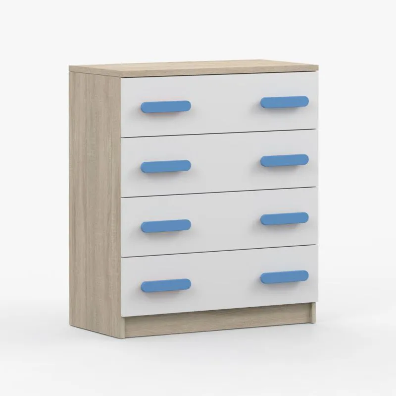 Smolikas 03 Chest of Drawers | 80 cm Wide | White & Sonoma Oak | 4 Drawers | Blue Wooden Handles | 90 x 80 x 40 cm | Spacious Storage