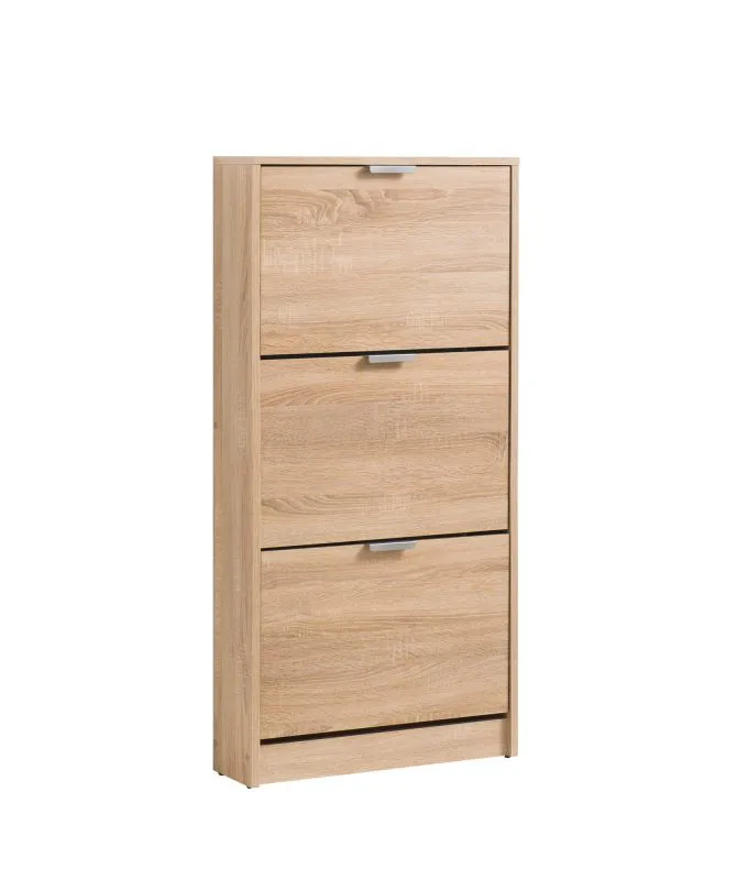 Shoe Cabinet with 3 Tilt Doors | Sonoma Oak Finish | Grey Handles | ABS Edge | 119 x 58 x 18 cm | Veliko 02