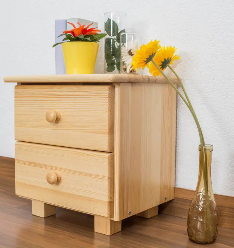 2 Drawer Bedside table 002, solid pine wood, clear finish - H43 x W43 x D33 cm