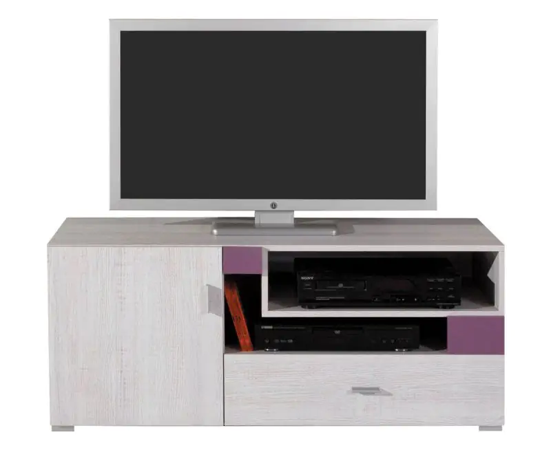 Teenager room - TV - base unit "Emilian" 12, Pine bleached / Purple - Measurements: 50 x 120 x 50 cm (H x W x D)