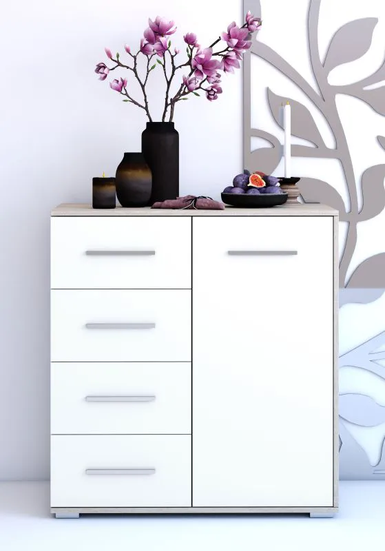 Chest of Drawers White/Oak | Comarca 01 | 96 x 90 x 45 cm | 1 Door | 4 Drawers | Two-Tone Design