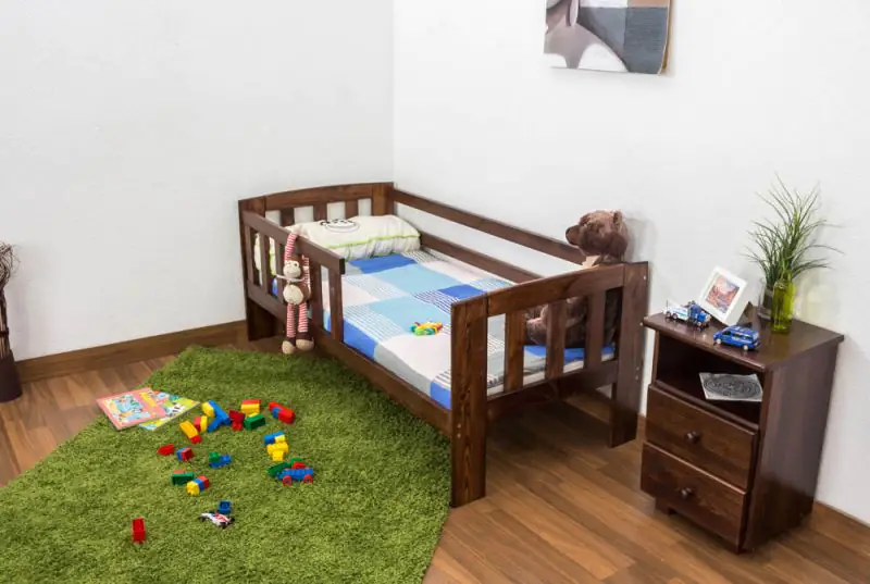 Toddler bed A17, solid pine wood, nut finish, with slats, mattress and barrier - 70 x 160 cm 