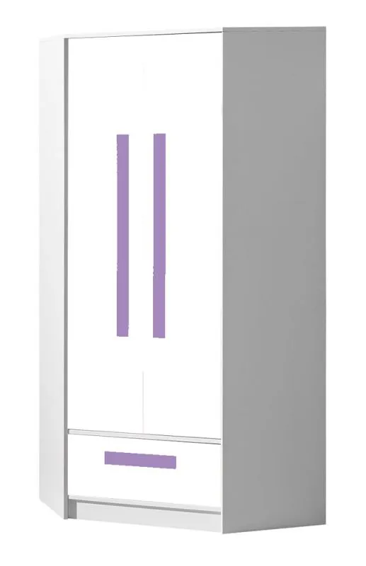 Children's room - Hinged door wardrobe / Corner wardrobe Walter 02, Colour: White high gloss / Purple - 191 x 87 x 87 cm (H x W x D)