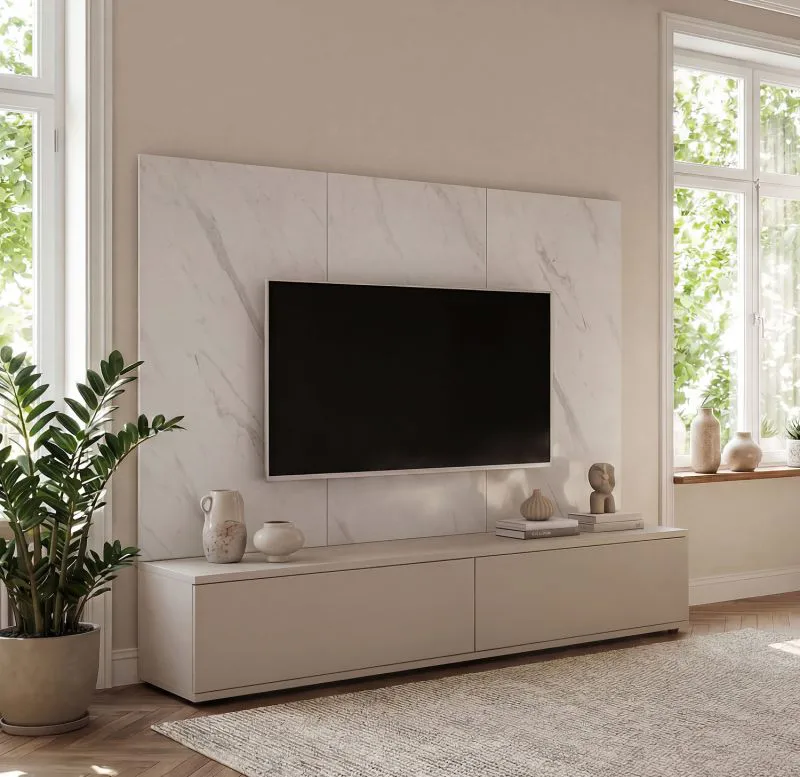TV cabinet incl. wall panel | Cashmere / white marble | High-quality finish | Push-to-open function | 180 x 45 x 155 cm | Marble look
