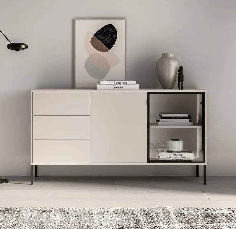 Sideboard | cashmere | incl. LED lighting | 3 drawers | push-to-open function | 160 x 40 x 86 cm | 4 compartments | chest of drawers | 1 glass door with aluminum frame