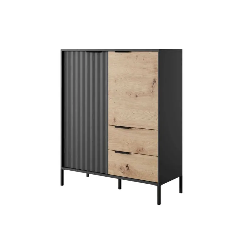 Modern chest of drawers with simple design Fouchana 08, color: black / oak Artisan - Dimensions: 123 x 103 x 39.5 cm (H x W x D), with soft-close system
