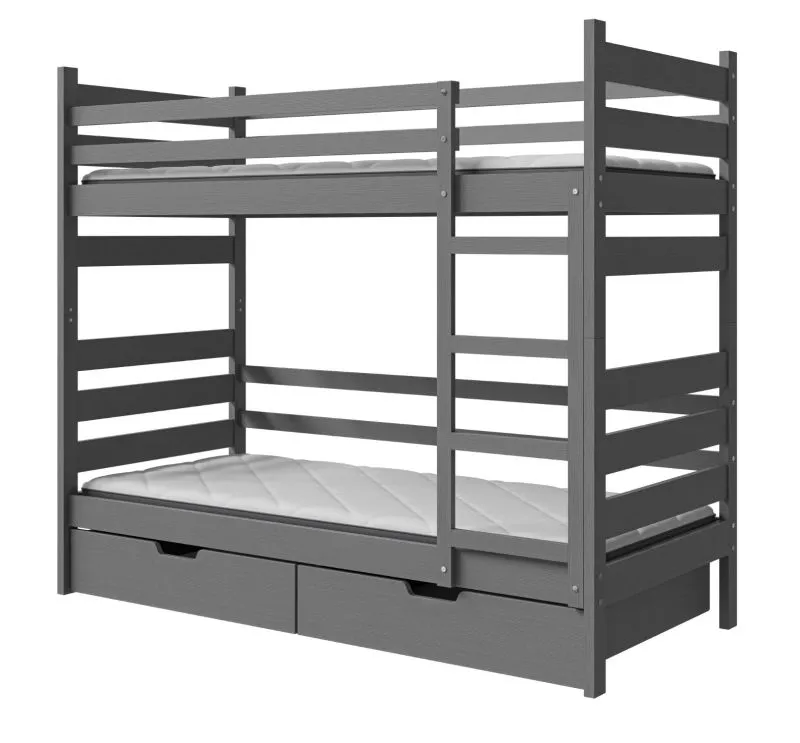 Children's bed / bunk bed Milo 19 incl. 2 slatted frames and 2 drawers, in anthracite, solid pine, lying surface: 80 x 190 cm, divisible