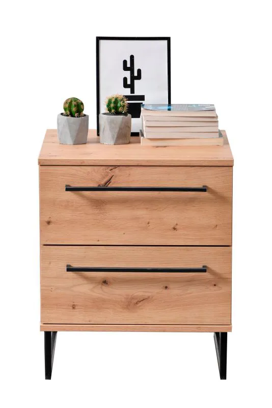 Bedside Cabinet with Two Drawers Crina 07 | Artisan Oak | Black Handles & Legs | 54 x 45.5 x 35 cm | ABS Edge Protection