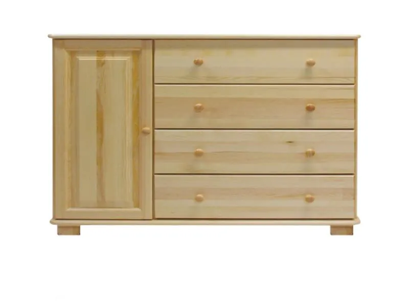 Sideboard 036, 4 drawer, 1 door, solid pine wood, clearly varnished - 78H x 118W x 47D cm 