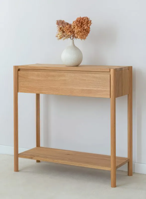 Console table | sideboard | solid wood | soft close system | 1 drawer | oiled oak | 1 shelf | color: oak | 83 x 33 x 80 cm | Seille 02 | milled handle