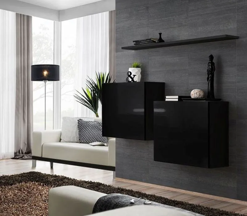 Two Wall Units with Wall Shelf Balestrand 322 | Black | 110 x 130 x 30 cm | Push-to-Open